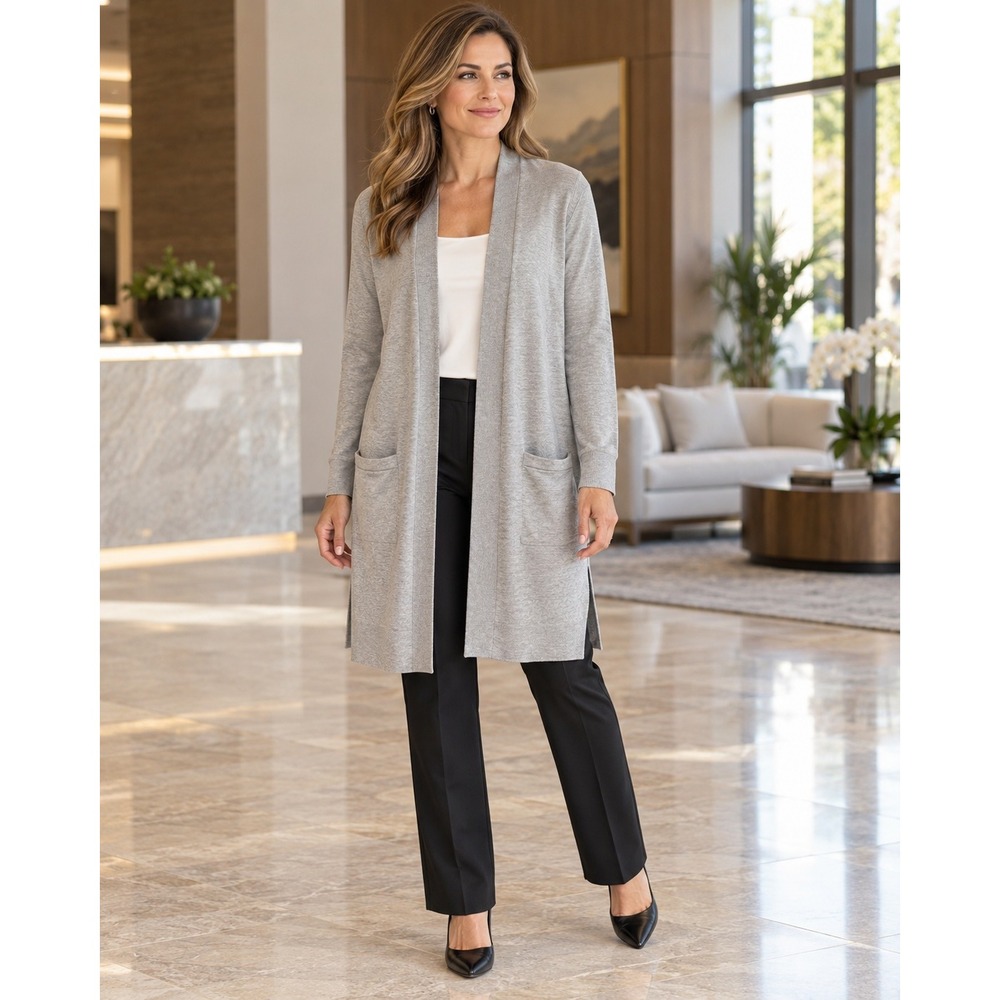Alexandra Oak Cardigan Sweater Womens L Gray Ribbed Knit Long Open Front Pockets